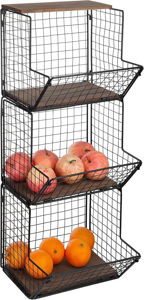 MyGift 3 Tier Wall Mounted Black Metal Wire Hanging Kitchen Basket, Kitchen Fruit and Produce and... | Amazon (US)
