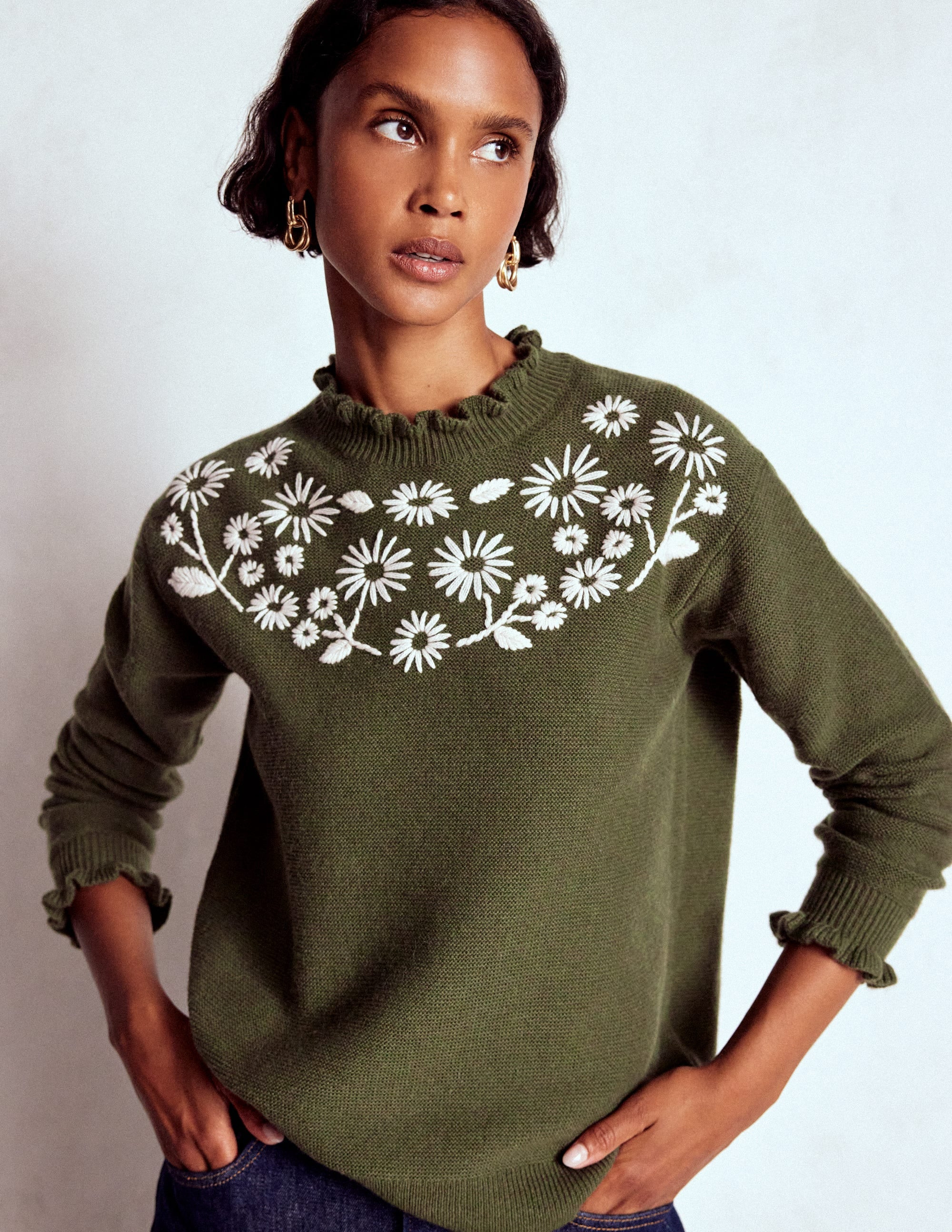 Embroidered Frill Sweater-Woodland Green Melange | Boden (US)