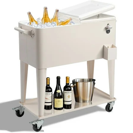 Ktaxon 80 Qt Rolling Ice Chest Cooler Cart Outdoor Trolley with Storage Shelf, Bottle Opener & Cap Collector for 48 Hour Cold Drinks,White | Walmart (US)