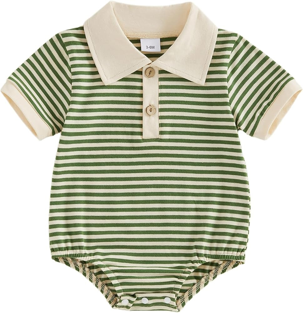 VISGOGO Baby Boy Striped Romper Waffle Short Sleeve Button Oversized Bodysuit Summer Baby Collare... | Amazon (US)
