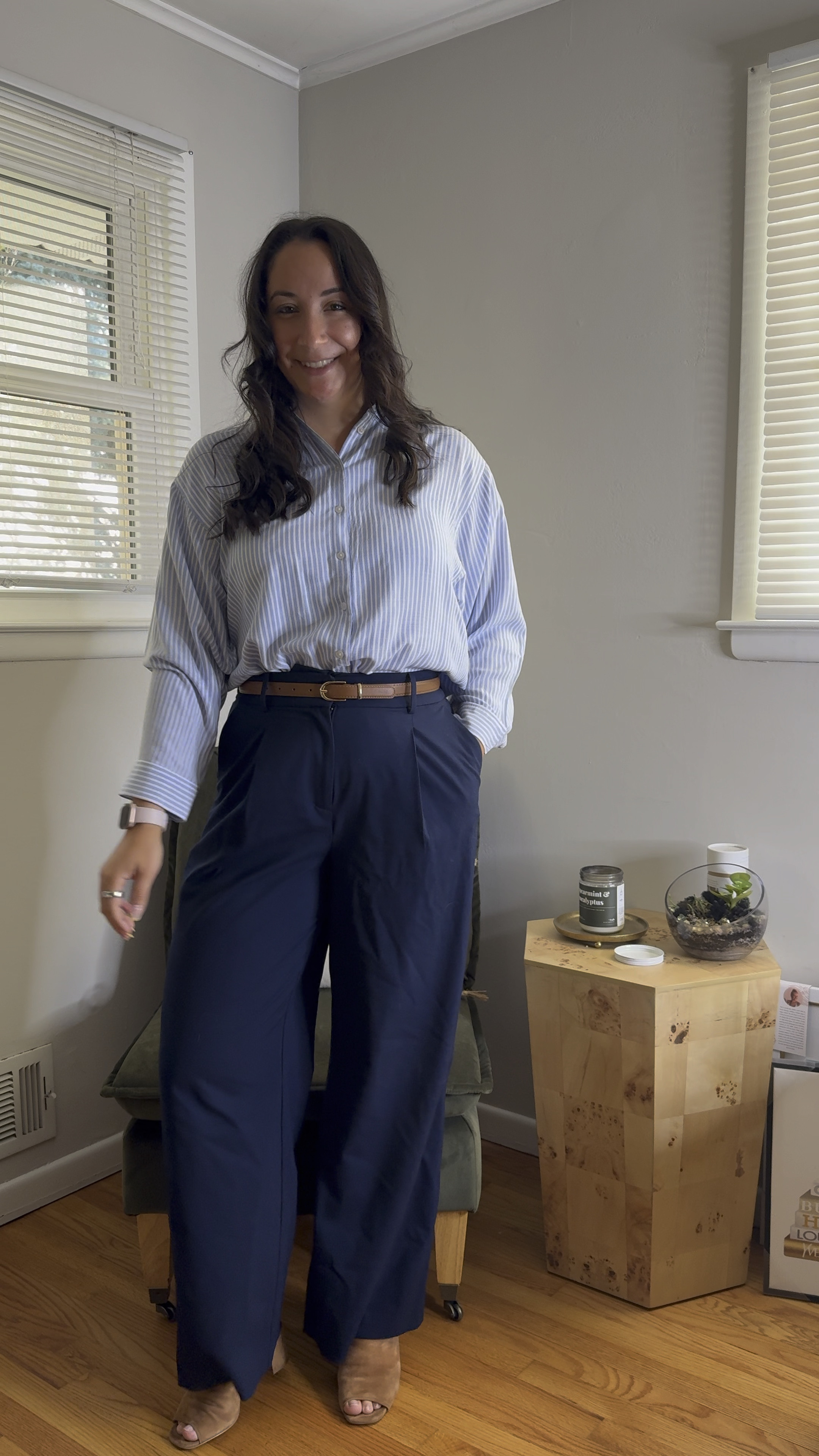 An easy work wear outfit you can copy with items in your closet!

Nothing can ever beat the power of a blue and white butting down, navy pants, and brown shoes for the perfect office outfit!

Sizing Info
- Loft Button Down: size medium (but is more of an oversized fit).
-Loft Navy Pants: Size 8 curvy
-Shoes: size 9 1/2

#LTKStyleTip #LTKWorkwear #LTKMidsize