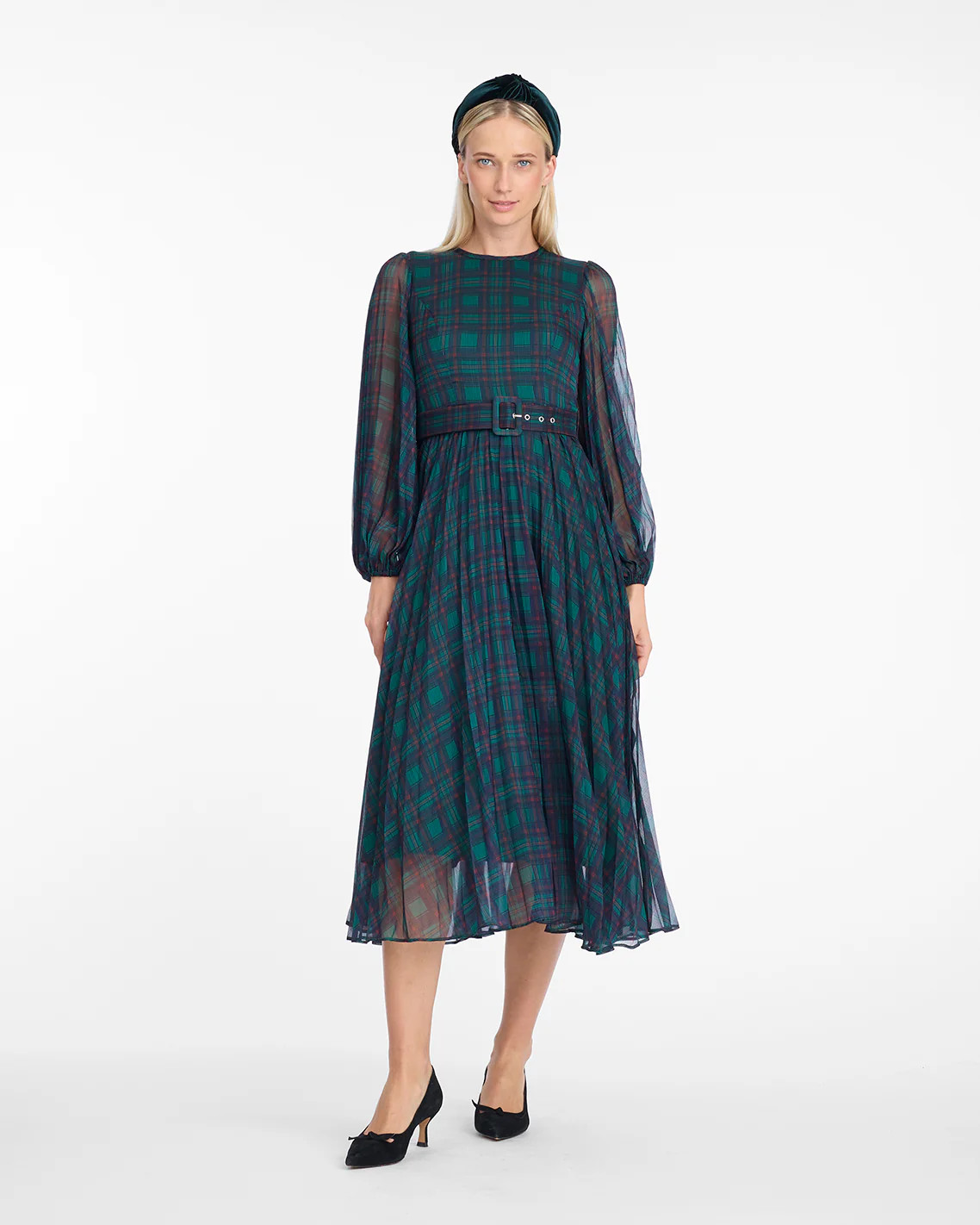 Maybelle Belted Midi Dress in Evergreen Tartan | Draper James (US)
