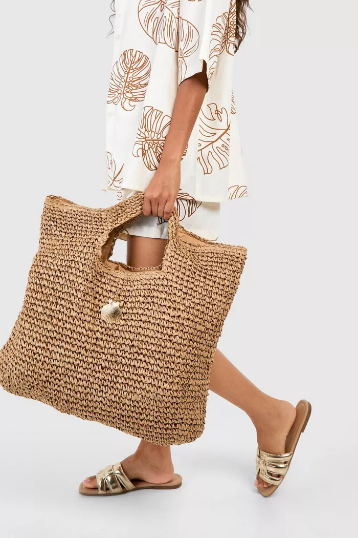 Shell Trim Oversized Straw Beach Bag | boohoo (US & Canada)
