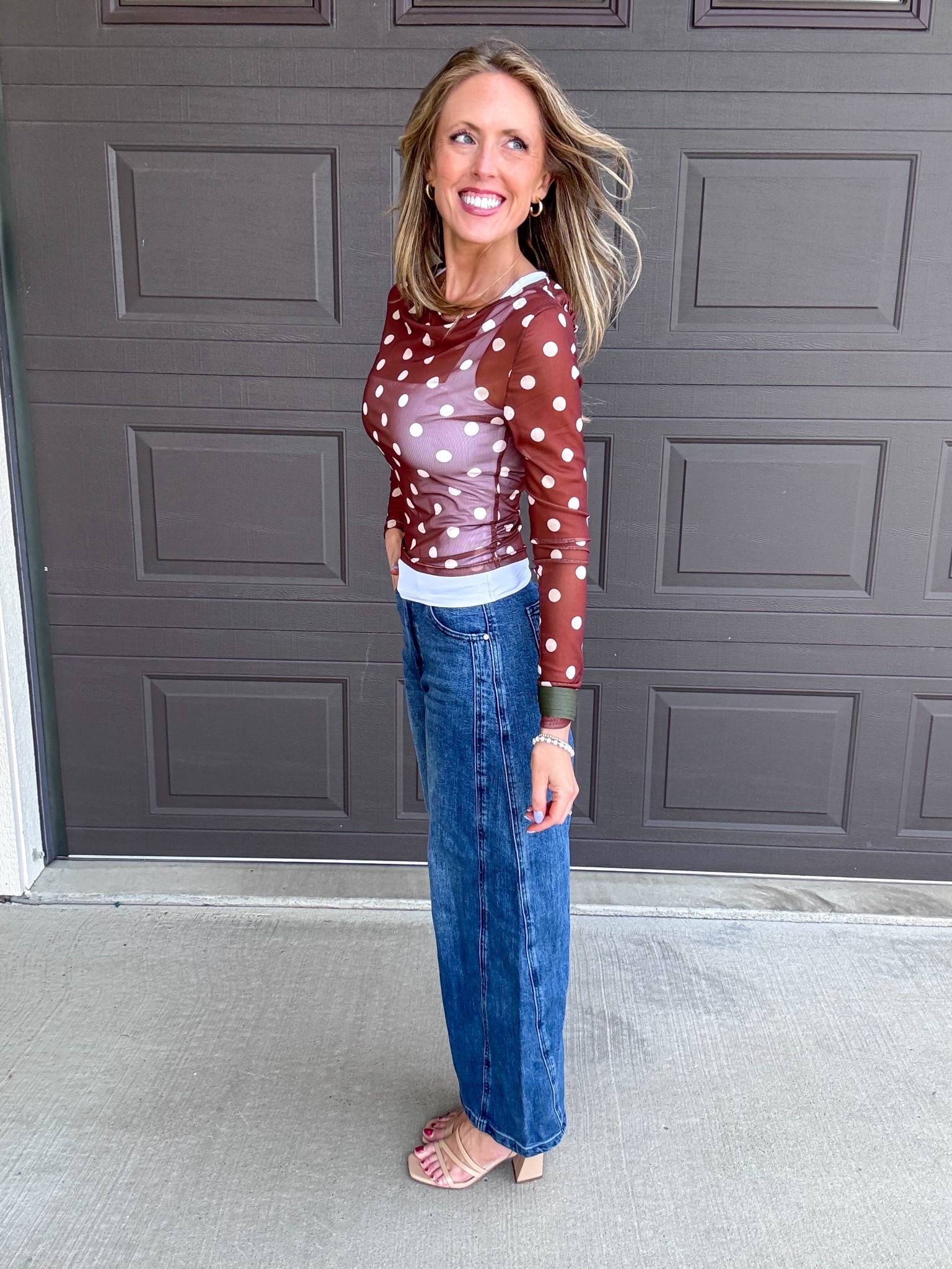 Still loving the polka dot trend and paired here with my favorite barrel jeans is so fun! 🤎 Wearing a small in the top and size 2 in the denim.

As an Amazon Influencer I earn commission on qualifying purchases.

Polka dot top, brown spring top, barrel jeans, spring fashion 2026, casual date night outfit inspo, fun fashion, trendy fashion ideas 

#LTKOver40 #LTKootd #LTKMidsize
