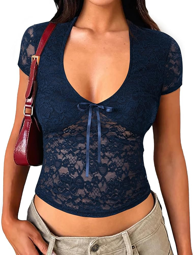 Matunana Women's Lace Halter Tops Going Out V Neck Crop Backless Sleeveless Tank Y2k Cute Sexy Sh... | Amazon (US)