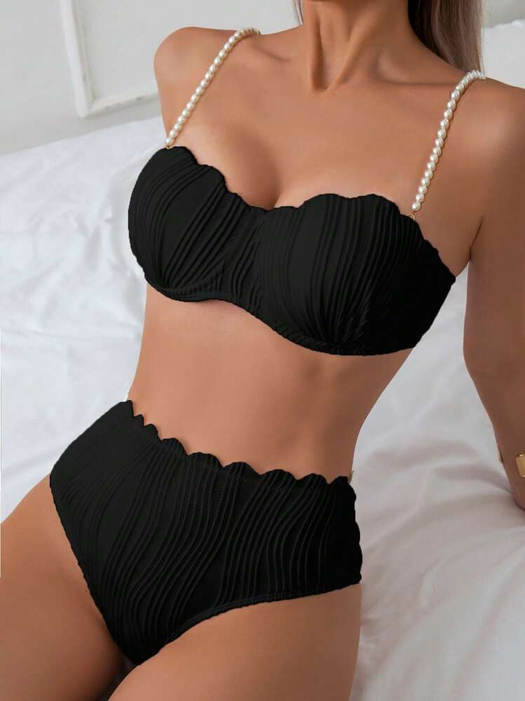 Women's Summer Beach Faux Pearl Decorated Shoulder Strap Sexy Bikini Set | SHEIN