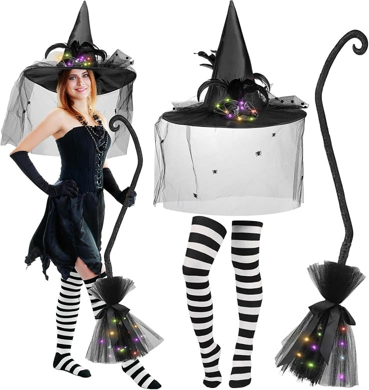 Leumoi 3 Pcs Halloween Glowing Witch Costume Glowing Witch Hat Broom Striped Tight for Women Witc... | Amazon (US)