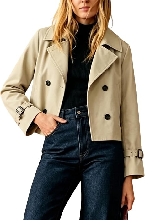 Womens Cropped Trench Coat Lightweight Casual Jacket Trendy | Amazon (US)