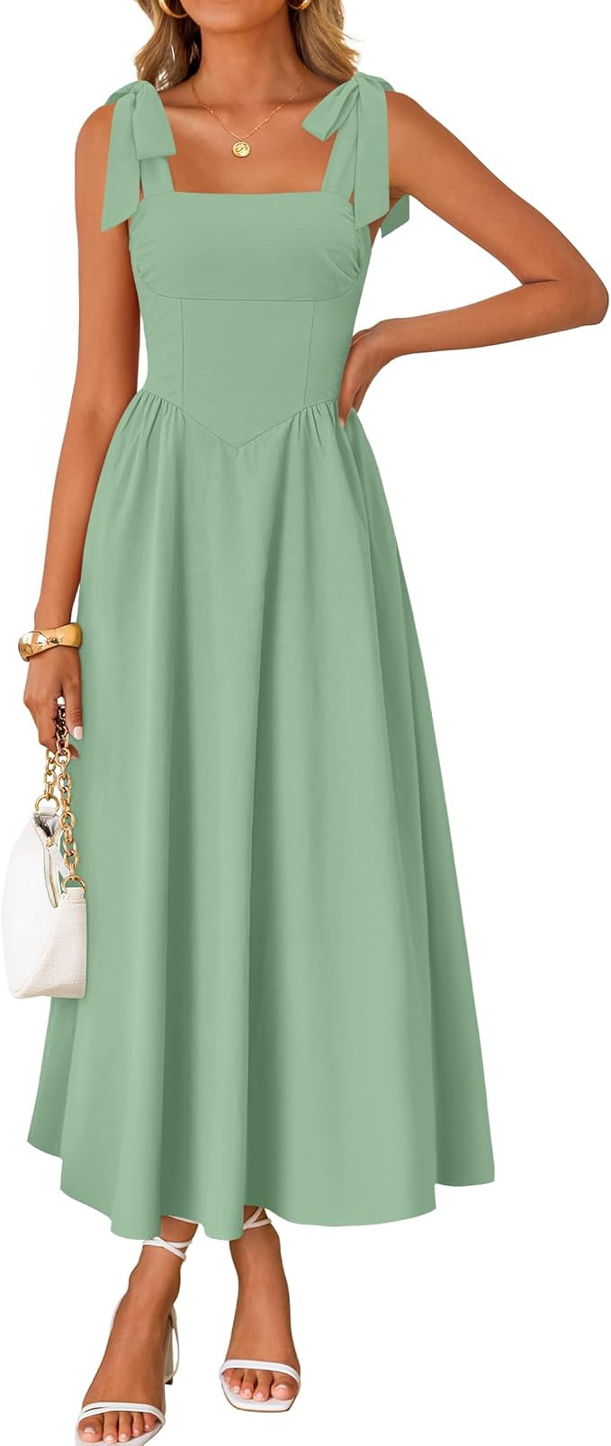 ZESICA Women's Summer Spaghetti Strap Maxi Dress 2026 Tie Shoulder Square Neck Flowy Wedding Gues... | Amazon (US)