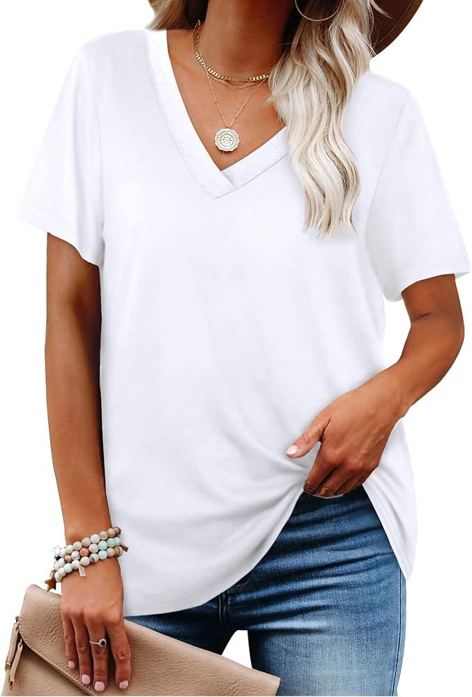 Aokosor Womens T Shirts V Neck Short Sleeve Casual Summer Tops Loose Fit Tshirts | Amazon (US)