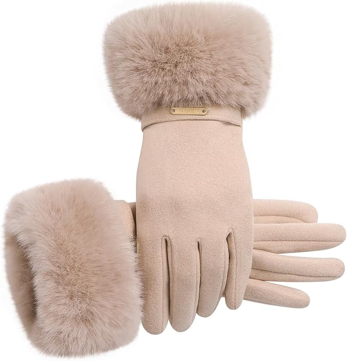 Winter Gloves - Elastic Faux Fur Cuffs Winter Gloves Women Touch Screen Thick Warm Lining | Amazon (US)