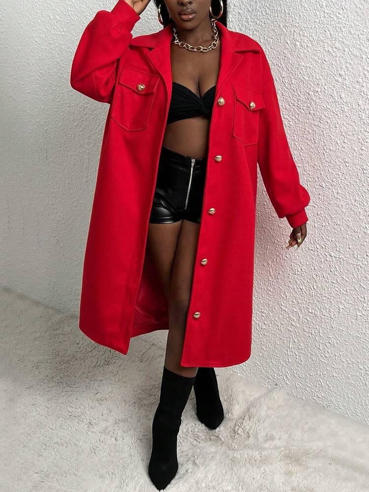 Slaydiva Flap Pocket Drop Shoulder Overcoat | SHEIN