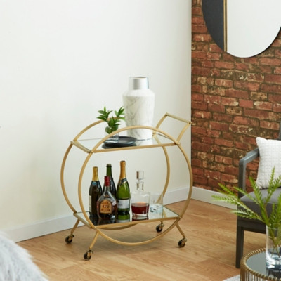 Bayberry Lane Gold Metal Rolling 2 Mirrored Shelves Bar Cart with Wheels and Handle 27" x 15" x 30", | Ashley