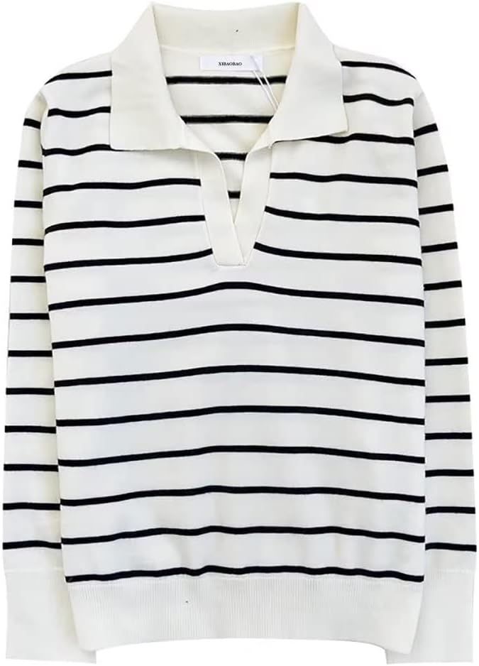 Women’s Polo’s V Neck Relax Fit Striped Knit Sweater Long Sleeve Collared Lightweight Ribbed ... | Amazon (US)