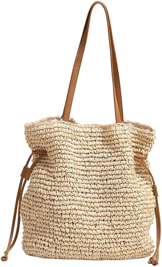 Women's Straw Woven Beach Tote Bags Boho Crochet Summer Trendy Shoulder Bags Large Bucket Handmade Tote Purse | Amazon (US)