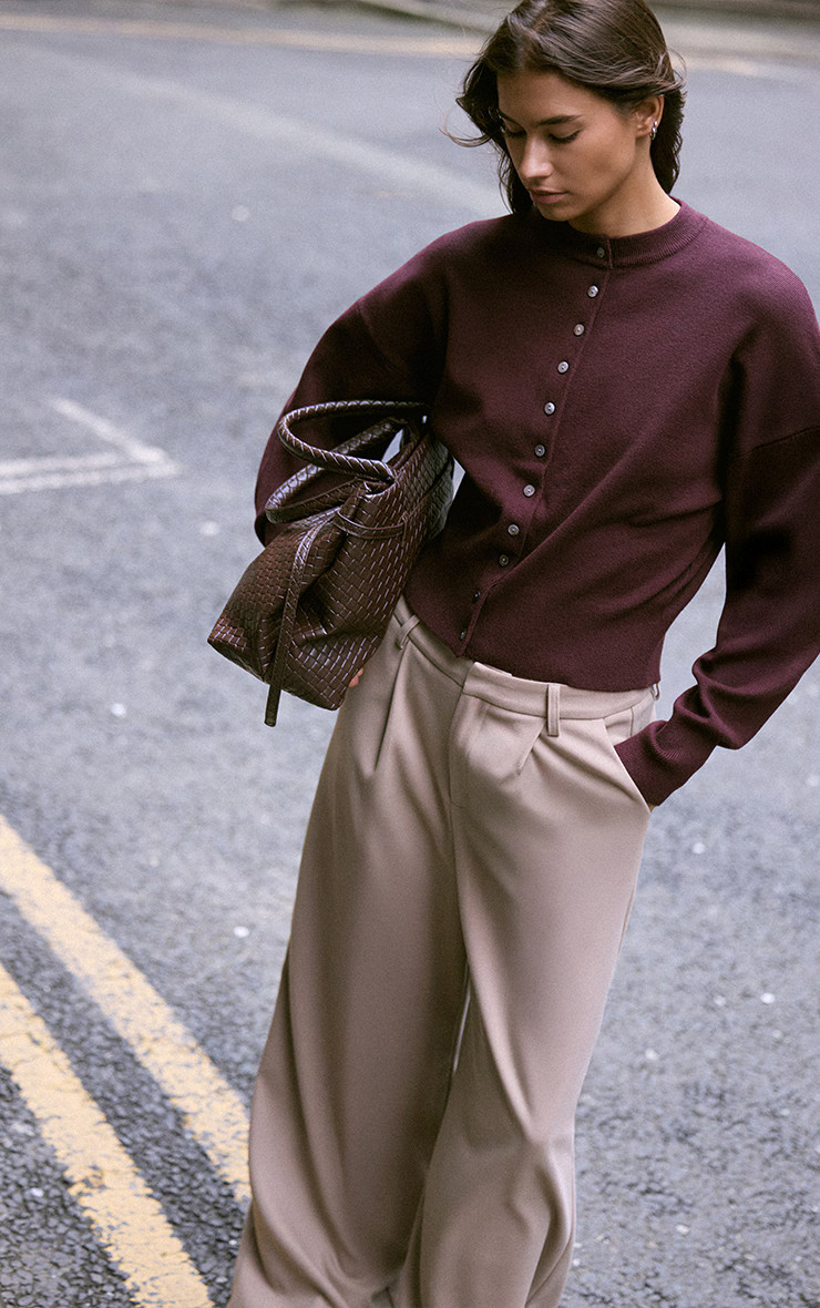 Wine Compact Knit Cardigan | PrettyLittleThing UK