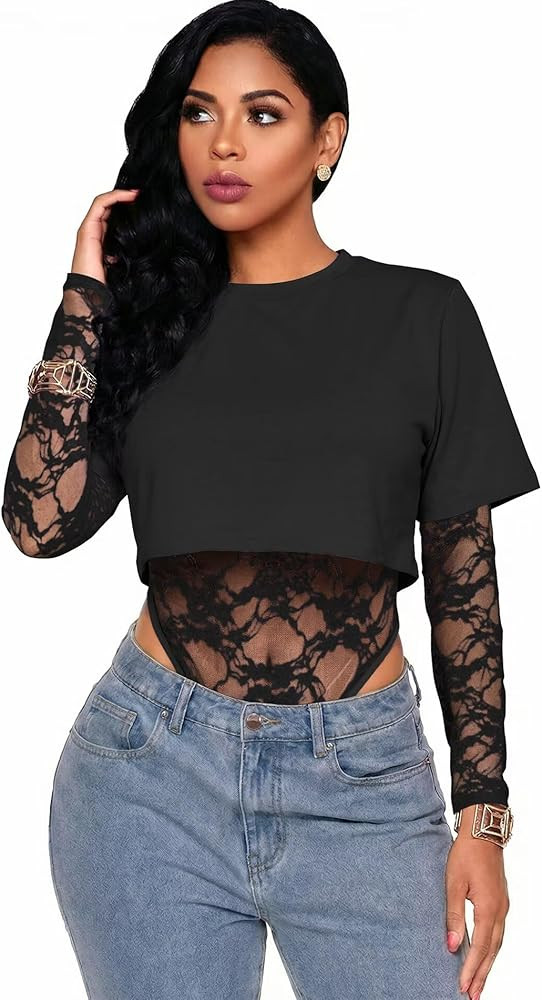 acelyn Sexy Lace Bodysuit Casual Cropped Tee Tops for Women See Through Club Outfits for Night Ou... | Amazon (US)