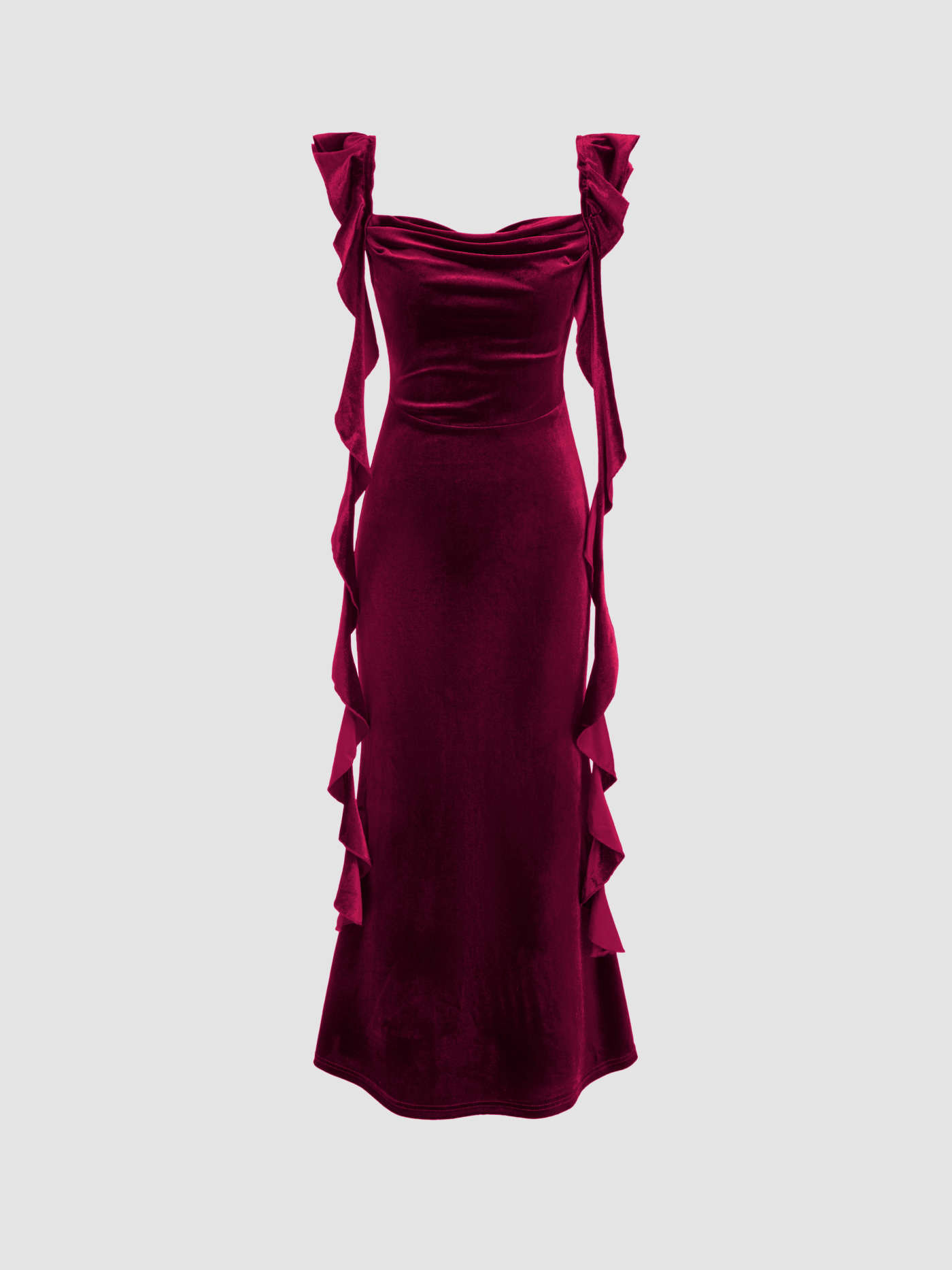 Velvet Cowl Neck Solid Ruffle Hem Maxi Dress | Cider
