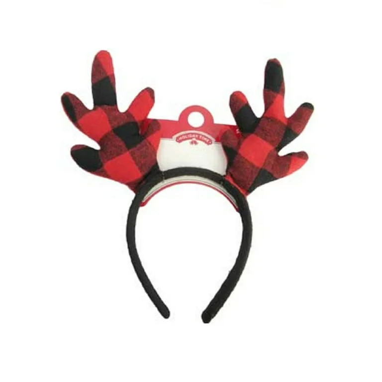 Holiday Time Buffalo Check Reindeer Antler Headband, for Women and Teens Black | Walmart (US)