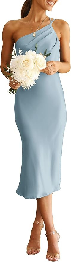 PRETTYGARDEN Women's Midi Satin Dress One Shoulder Spaghetti Strap Backless Ruched Summer Bodycon... | Amazon (US)