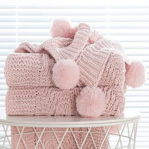 Chunky Knit Blush Pom Pom Throw | Amazon (US)