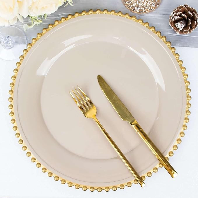 Efavormart 6 Pack 12" Taupe/Gold Acrylic Round Charger Plates With Beaded Rim Dinner Charger Plat... | Amazon (US)