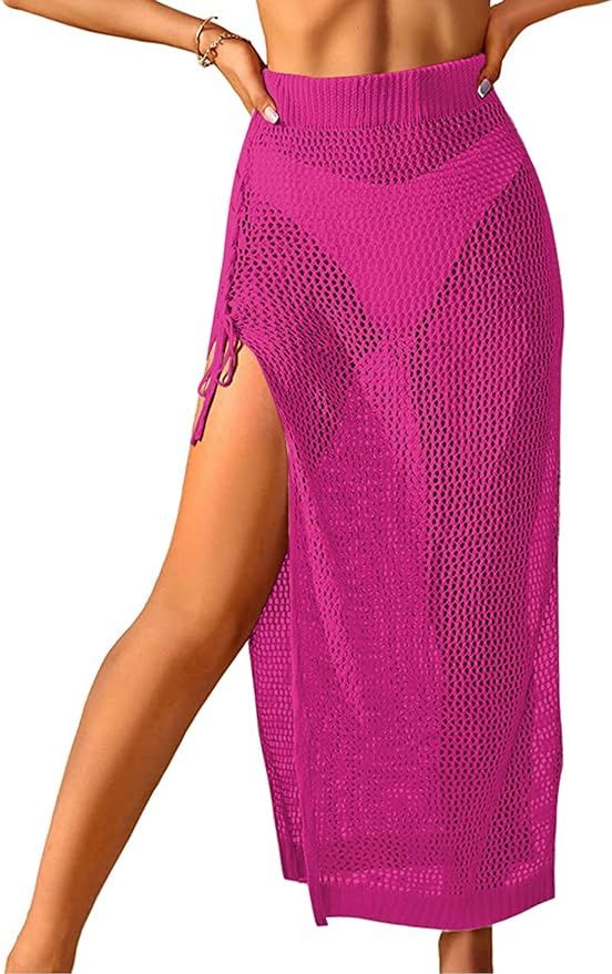 ZAFUL Women's Swimsuit Cover Up Crochet Sheer Knit Side Slit Maxi Beach Skirt Sarong | Amazon (US)