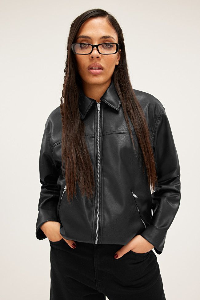 Faux-leather zip-up biker jacket | Monki