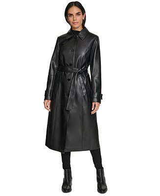 Women's Belted Faux-Leather Trench Coat | Macy's