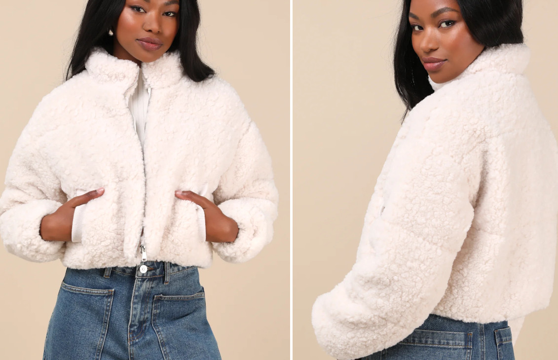 on sale for $38 with code WINTER

Clermont Ivory Shearling Cropped Jacket
The Frolic
New price$38.25Old price$128
with code WINTER
Final Sale. Size Exchanges Only. womens cozy puffer fuzzy zip up jacket outerwear neutral finds with pockets 

 