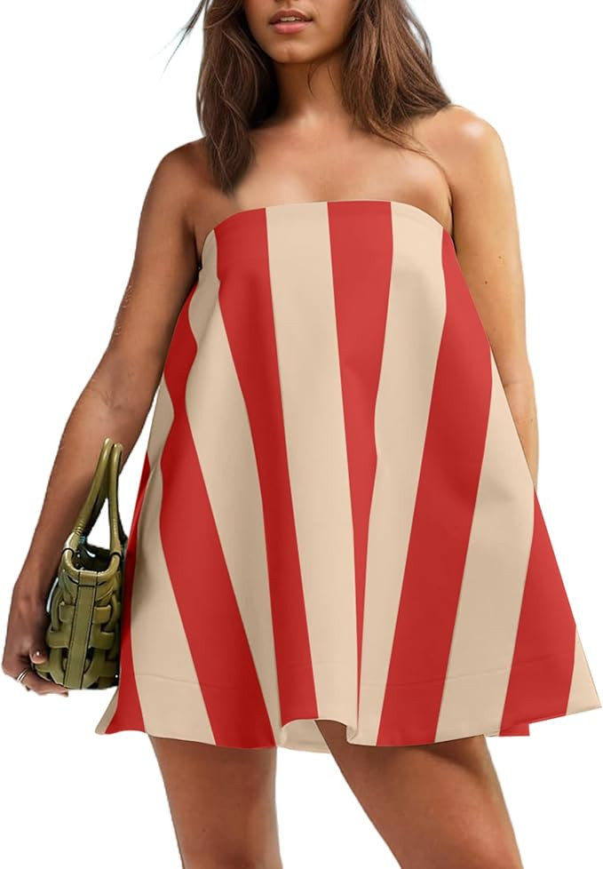 OLAPTA Women Colorblock Striped Strapless Tube Mini Dress Sleeveless Backless Peplum Loose Summer... | Amazon (US)