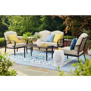 Hampton Bay Laurel Oaks Black 4-Piece Steel Outdoor Patio Conversation Seating Set with CushionGu... | The Home Depot