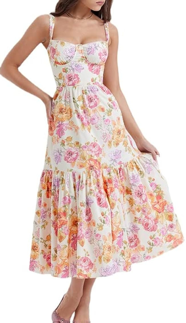 Women Summer Boho Spaghetti Straps Square Neck Midi Dress Floral Print Sleeveless Vintage Tiered A L | Amazon (US)