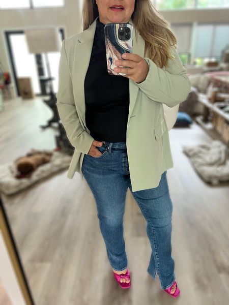 Traditional summer/ fall outfit 
The drop blazer, skyscraper Jeans and black long sleeve shirt from Express, pink sandals from Walmart.

#LTKstyletip #LTKSeasonal #LTKcurves