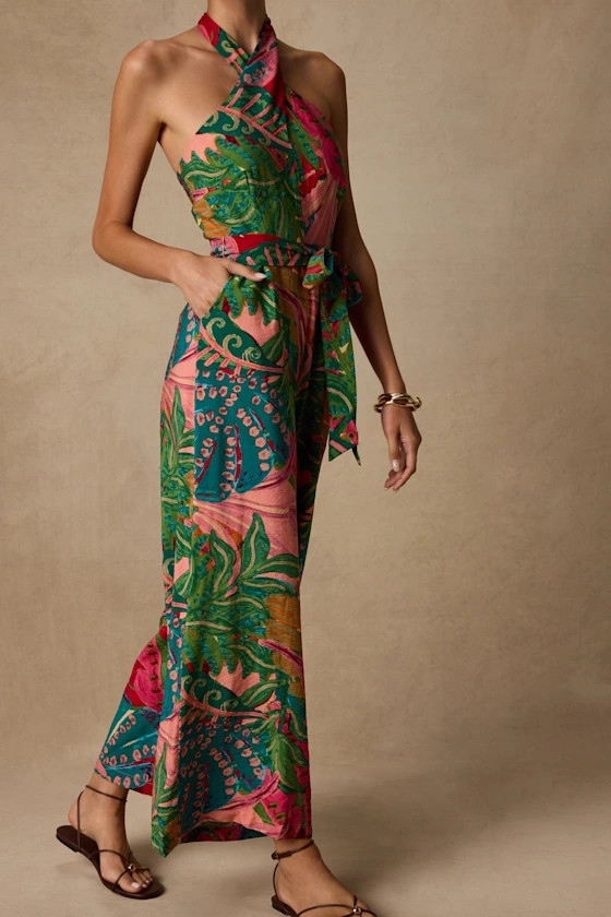 Mar Alto Pink Multi Leaf Print Wide-Leg Jumpsuit | Lulus