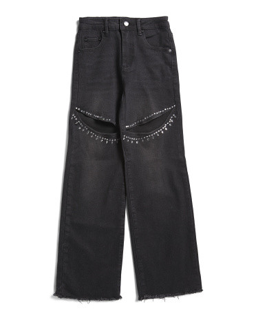 Girls Rhinestone Slit Wide Straight Leg Jeans | TJ Maxx