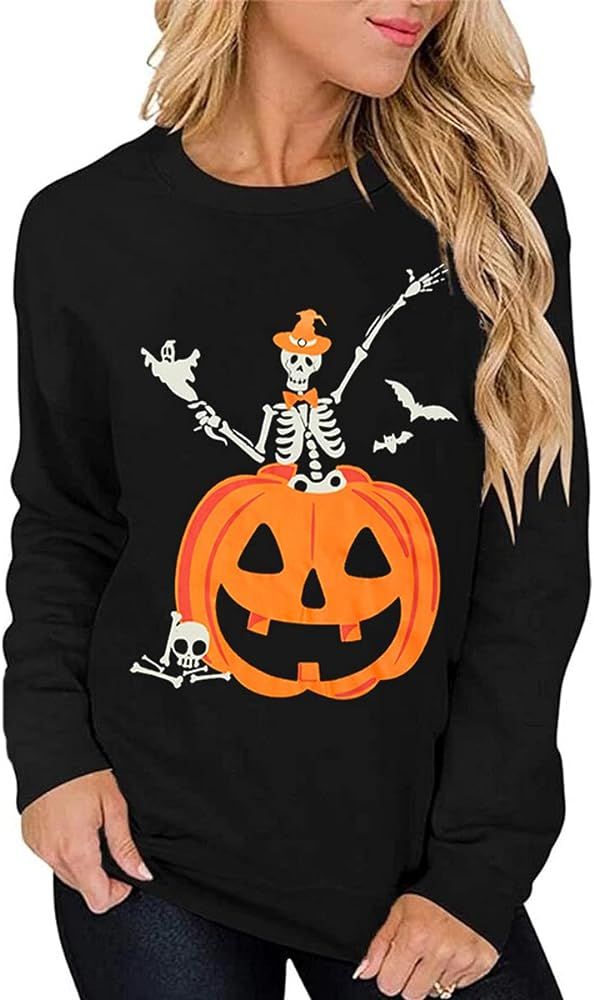 Women's Halloween Funny Skeleton T-Shirt Pumpkin Face Long Sleeve Novelty Cotton Costume Top Tees | Amazon (US)