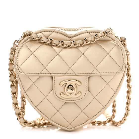 Metallic Lambskin Quilted CC In Love Heart Clutch With Chain Gold | FASHIONPHILE (US)