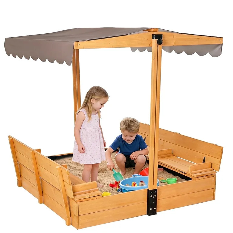 Aivituvin Sandbox with Cover Wooden Sand Box with Lid Foldable Beench Seats and Retractable Roof ... | Walmart (US)