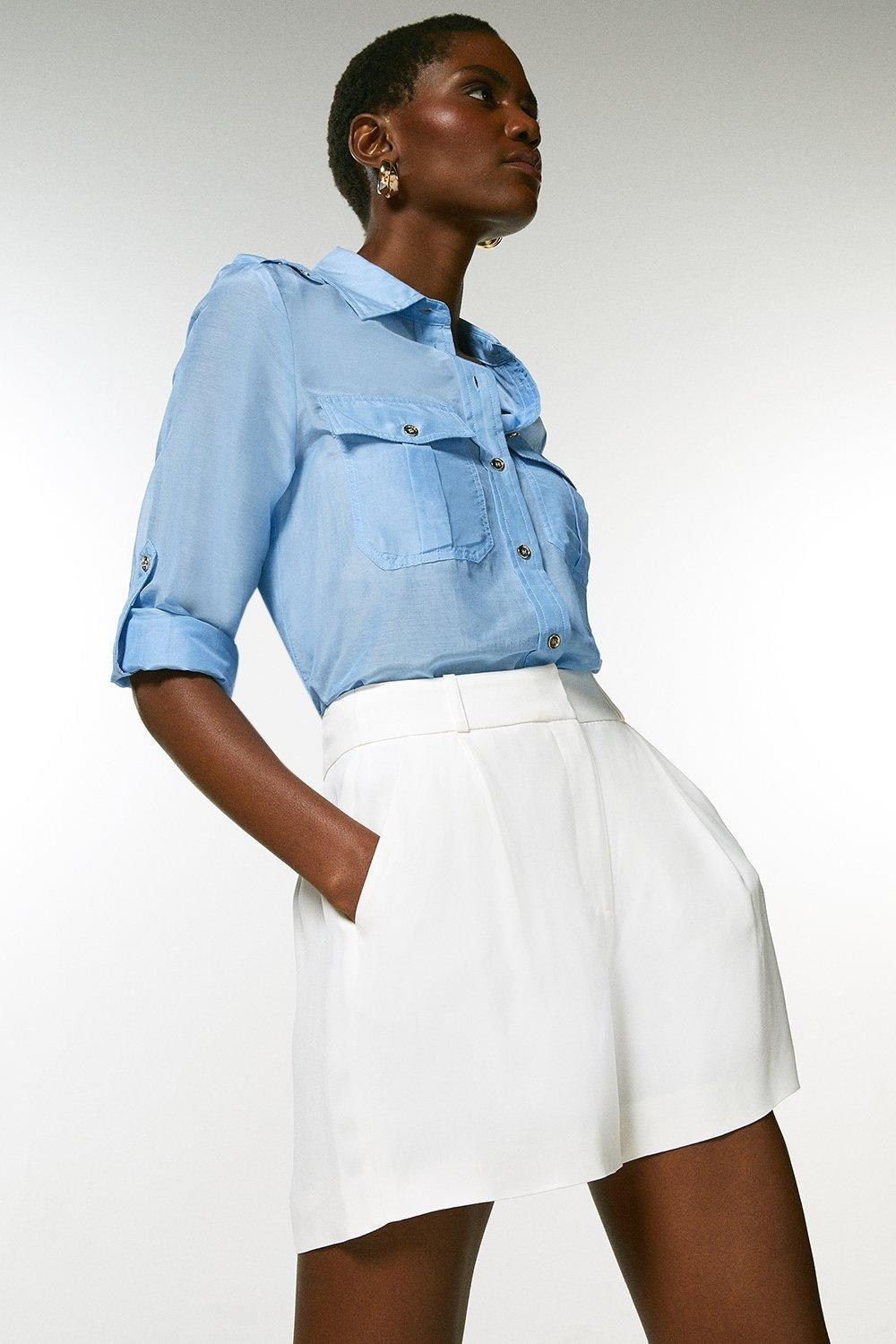 Viscose Satin Crepe Relaxed Tuxedo Shorts | Karen Millen UK & IE