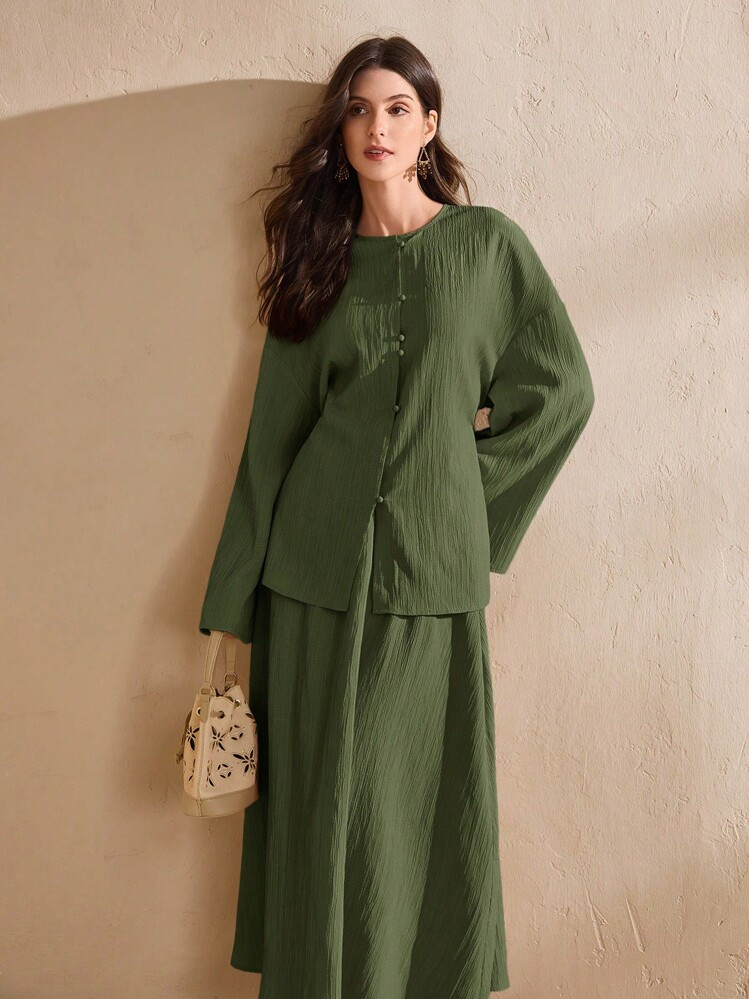 Graceveil Women's Elegant Commuter Solid Color Bell Sleeve Top And Skirt Set Green Two Piece Set Women | SHEIN
