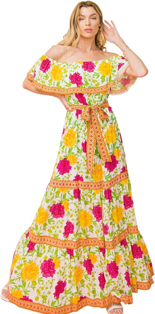 Halter Bohemian Floral Maxi Dress - Tropical Print Ethnic Print Keyhole Sundress | Amazon (US)