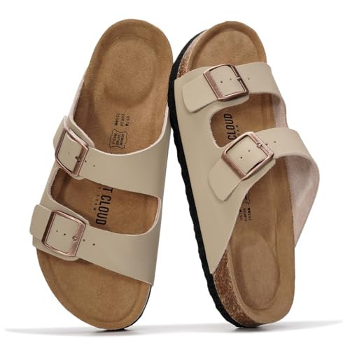 Project Cloud Women's Slide Sandal, Venita, Beige, Genuine Leather, Memory Foam, Cork Footbed, Adjustable Strap, 10 US, Casual, Fashion-Conscious Consumers | Amazon (US)