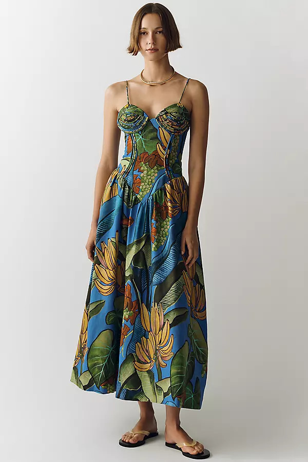 Linen Basque-Waist Midi Dress | Anthropologie (US)