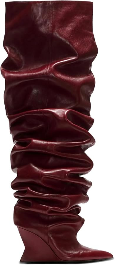 Ruched Slouchy Thigh High Boots for Women Over the Knee Wedge Heeled Long Boots Wide Calf Pointed... | Amazon (US)