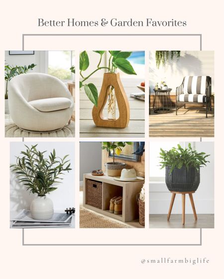 Better Homes and Gardens favorites at Walmart. Home decor. 3-piece stationary chat chairs and table set. Black and white stripe. 2-cube storage organizer. Linen swivel chair. Wood and glass propagation station. Black round resin planter and stand. 14 inch artificial olive plant in ceramic vase  

#LTKhome