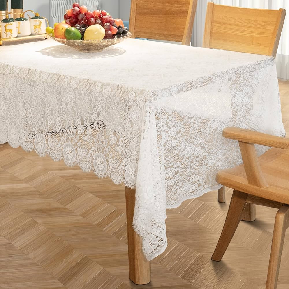 White Lace Tablecloth 60"x120" - Vintage Boho Rectangle Overlay for Rustic Weddings, Bridal Showe... | Amazon (US)
