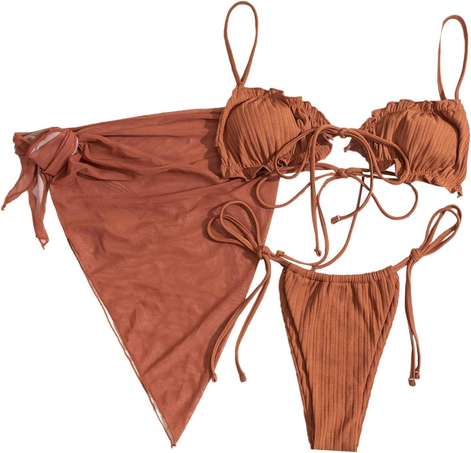 SweatyRocks Women's 3 Pack Lettuce Trim Thong Bikini Swimsuit & Beach Skirt | Amazon (US)