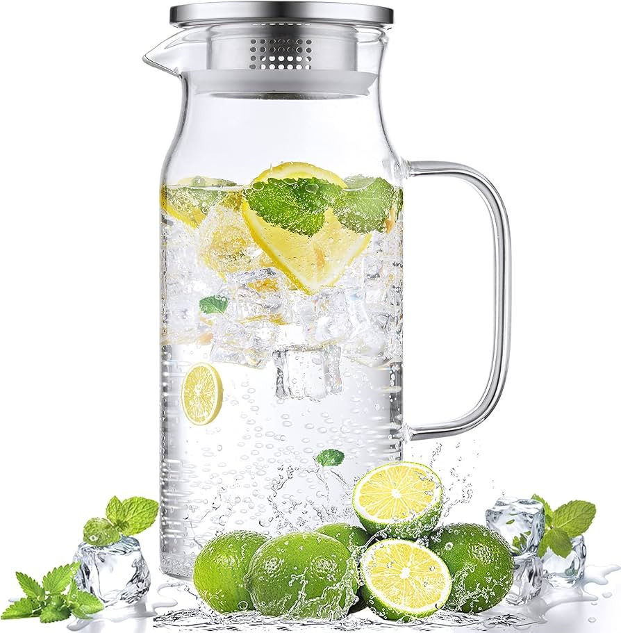 1.2 Liter 40 oz Glass Pitcher with Lid and Spout, Glass Carafe for Hot/Cold Water, Iced Tea Pitch... | Amazon (US)