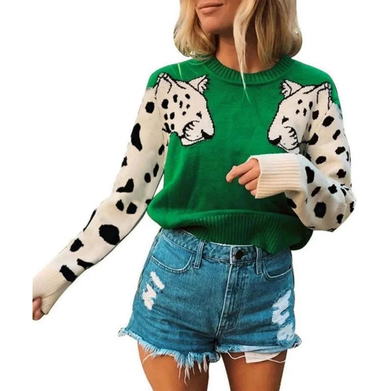 NAYTOAO Women Leopard Print Long Sleeve Crew Neck Knit Pullover Sweater | Walmart (US)